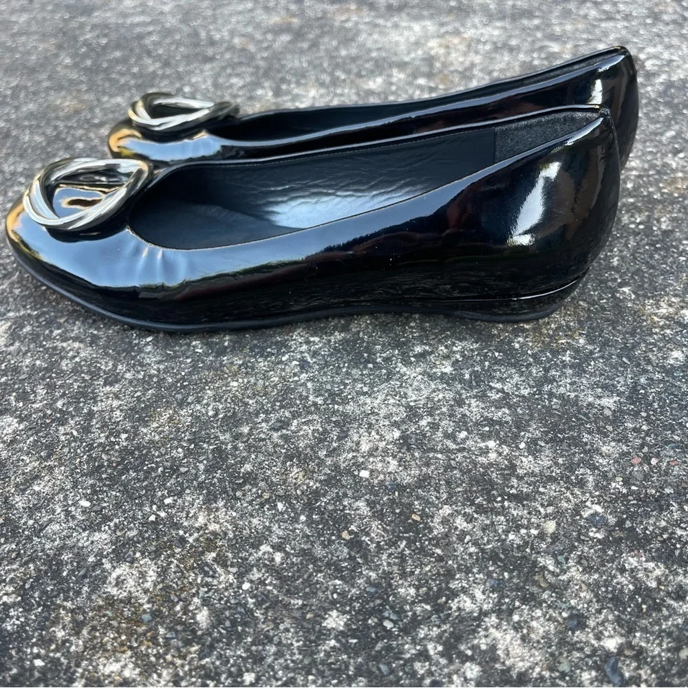 Stuart Weitzman Black Patent Wedge Pumps Silver Hardware Officecore Corporate 7